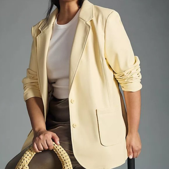 NWT By Anthropologie Faux Leather Blazer in Buttercream - 1X Plus - Picture 8 of 12